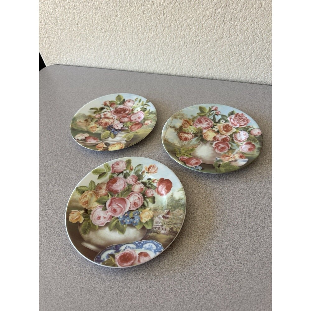 Set of 3 French Home Limoges France Porcelain Rose Floral Plates 7.25”